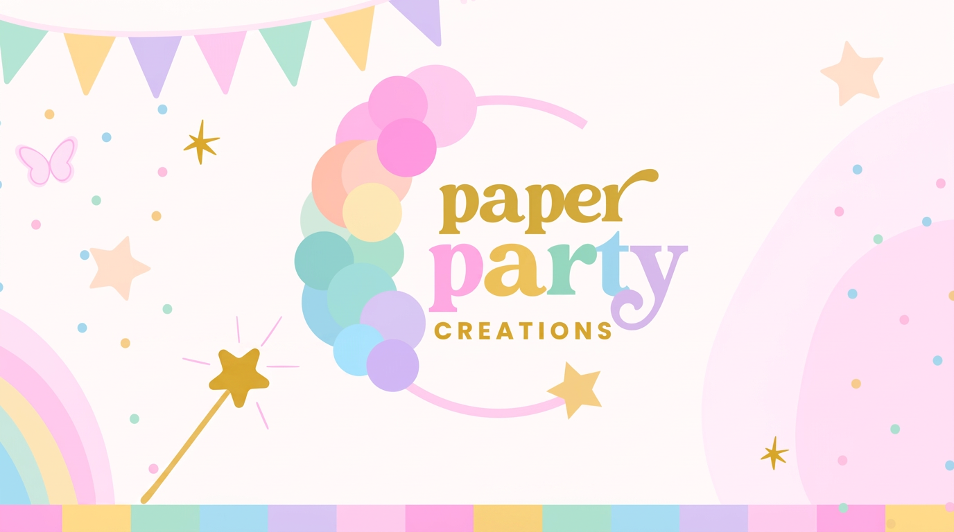 Banner decorativo de Paper Party Creations con banderines y confeti